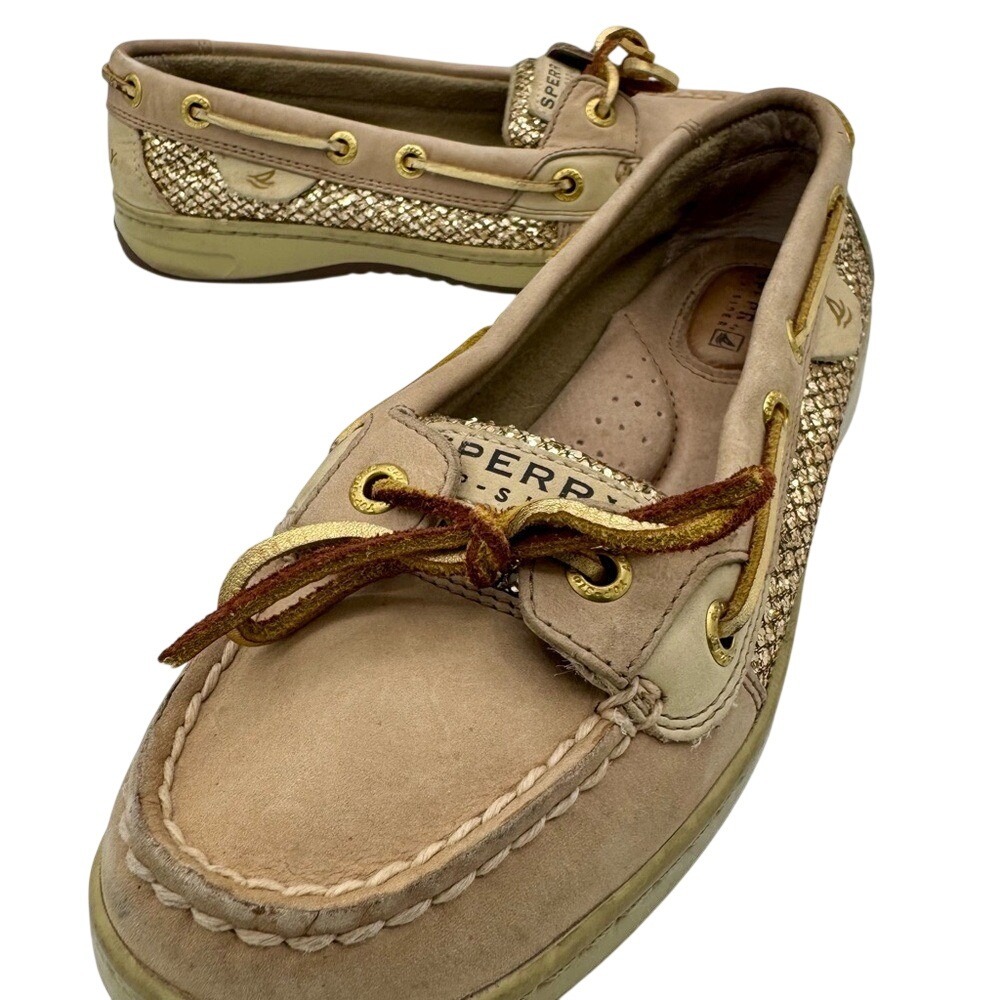 Sperry Angelfish Tan Leather & Gold Woven Boat Shoes Women's 5.5 Loafers